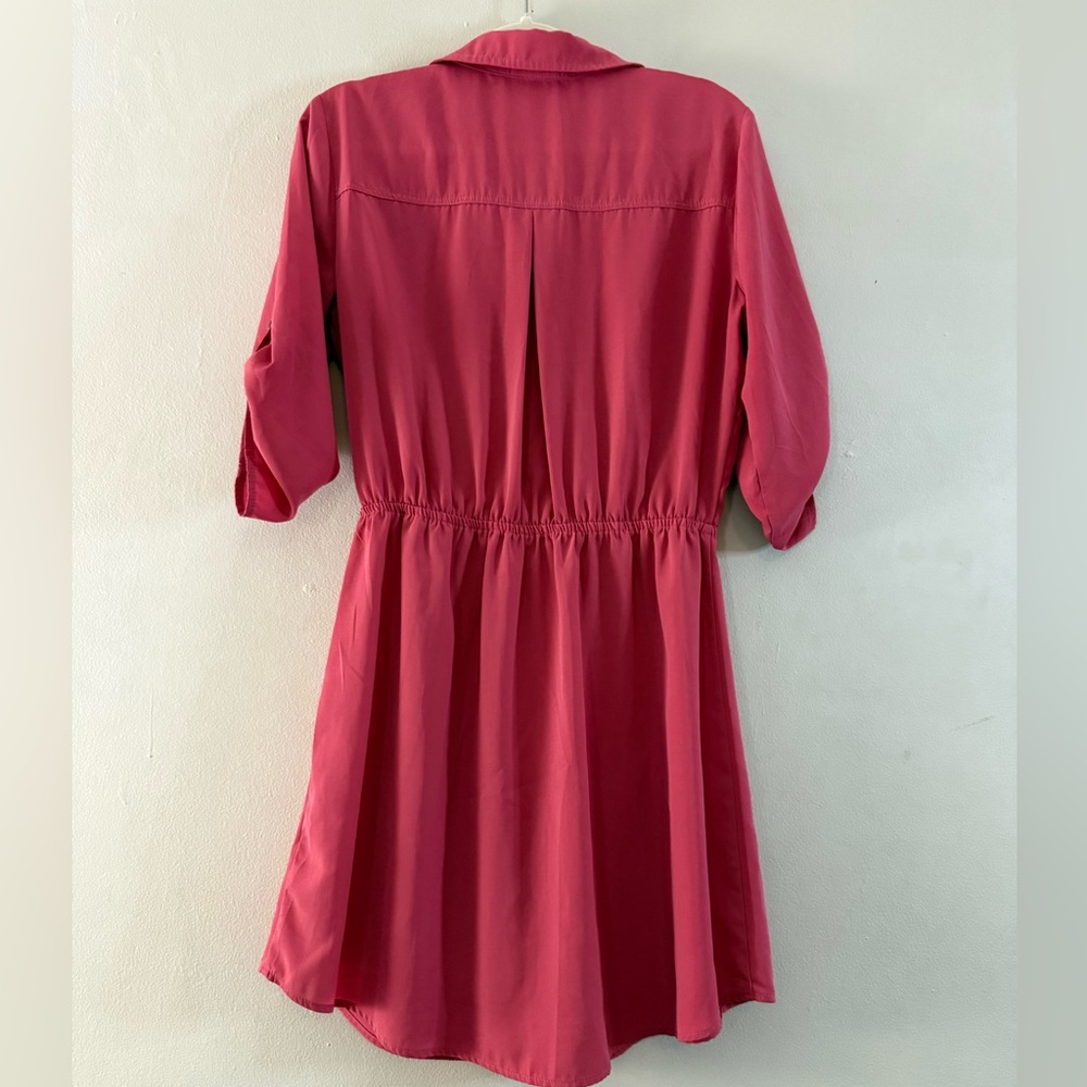 Bebop Pink Button Front Shirt Dress Drawstring Waist Roll Tab Sleeves - Size L - Picture 5 of 8